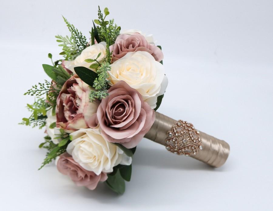 Mariage - Dusty Rose Wedding Bouquet, Bridal Bouquet, Artificial Wedding Flowers, Bridesmaid Bouquets, Corsage, bridal Flower Package, silk bouquet