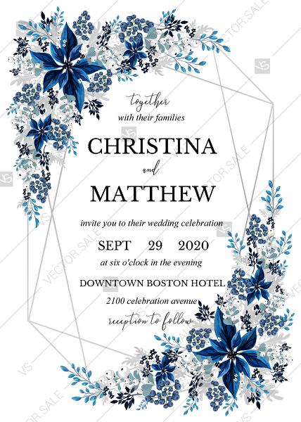 Hochzeit - Wedding invitation set poinsettia navy blue winter flower berry PDF 5x7 in invitation maker