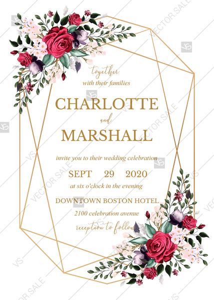 Wedding - Wedding invitation set watercolor marsala red burgundy rose peony greenery PDF 5x7 in