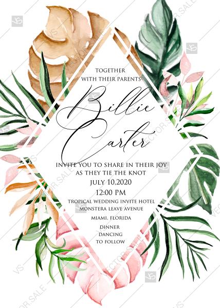 Mariage - Tropical watercolor Aloha monstera pink greenery leaves palm digital wedding invitation template PDF 5x7 online editor