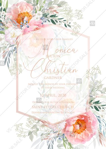 Wedding - Pink peony wedding invitation card template PDF 5x7 in invitation editor