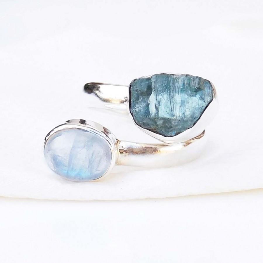 Wedding - Rainbow moonstone & Aquamarine Ring, Moonstone Adjustable Ring, Solitaire Ring, open Adjustable Ring, Handmade Ring-U123