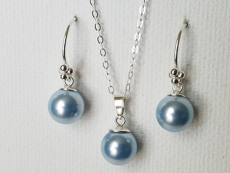 Mariage - Blue Pearl Jewelry Set, Swarovski Light Blue Pearl Silver Set, Bridal Pearl Earrings&Necklace Set, Pearl Drop Jewelry Set, Something Blue