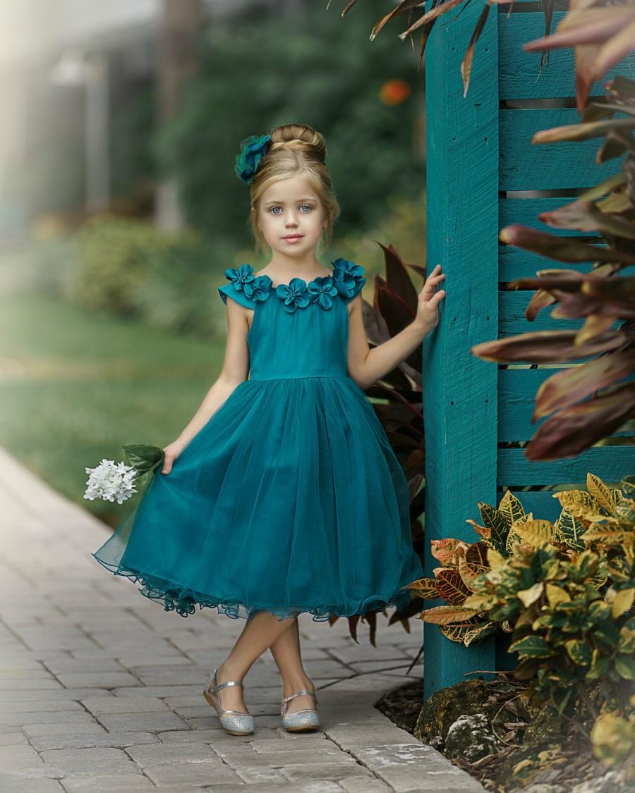 Свадьба - Teal Flower Girl Dress,Green Christmas dress, Tulle Flower Girl Dresses,Boho Flower Girl Dress, Rustic Flower Girl Dress, Winter Flower Girl
