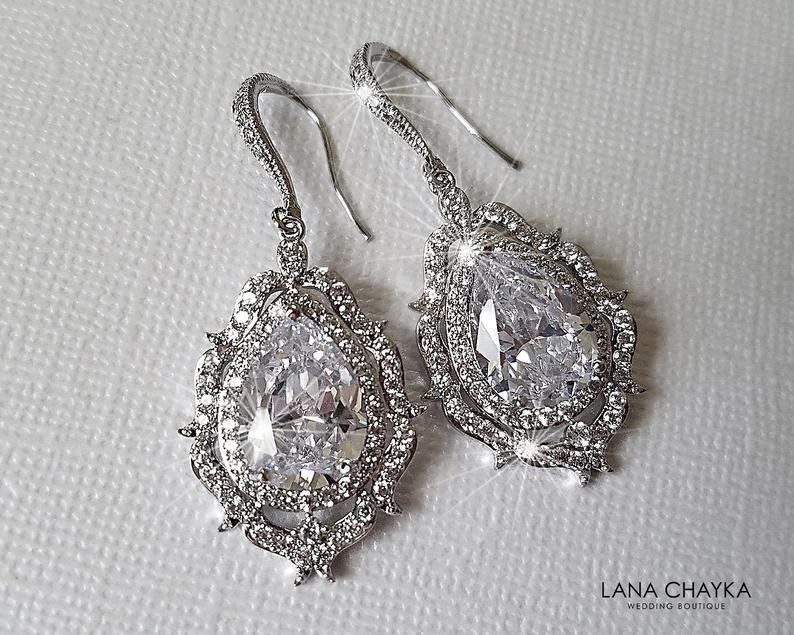 Mariage - Crystal Bridal Earrings, Wedding Halo Earrings, Bridal Cubic Zirconia Earrings, Crystal Teardrop Large Earrings, Wedding Statement Earrings