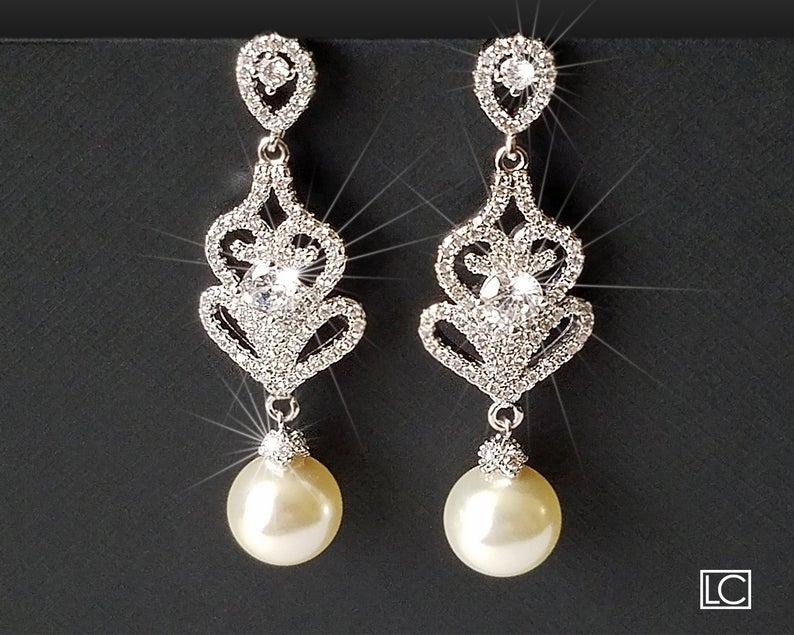 Wedding - Pearl Chandelier Bridal Earrings, Swarovski Ivory Pearl Dangle Earrings, Pearl Bridal Jewelry, Wedding Pearl Jewelry, Pearl Silver Earrings