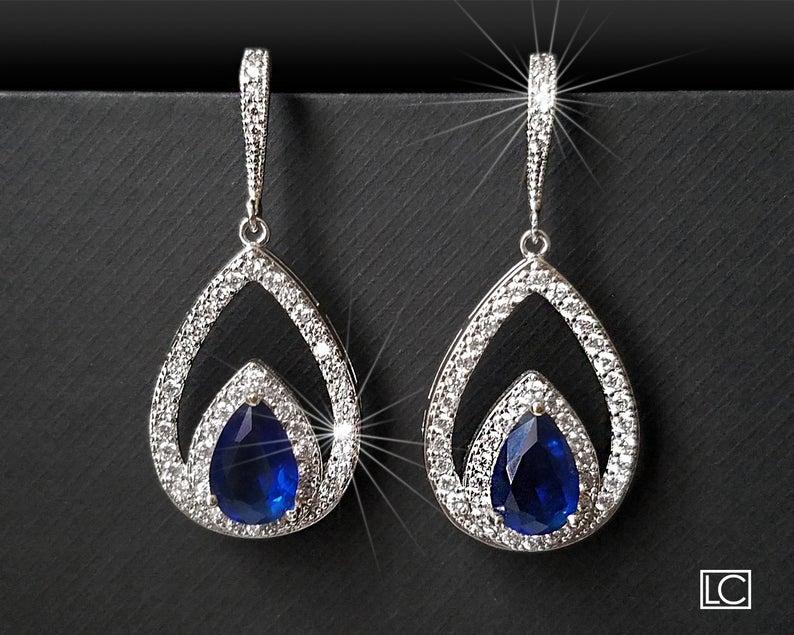 Hochzeit - Navy Blue Crystal Earrings, Blue Cubic Zirconia Wedding Earrings, Sapphire Teardrop Earrings, Statement Earrings, Royal Blue Bridal Earrings