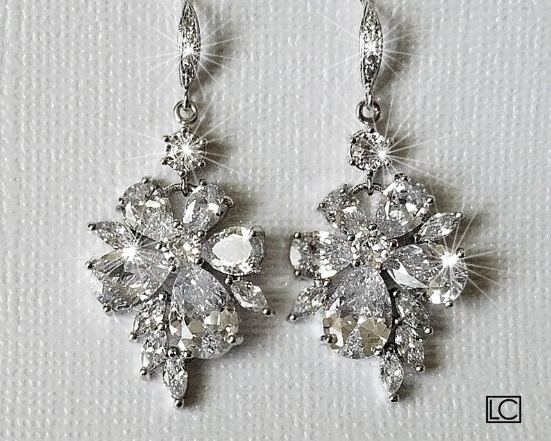 Hochzeit - Crystal Bridal Earrings, Cubic Zirconia Chandelier Earrings, Sparkly Floral Crystal Earrings, Wedding Jewelry, Bridal Statement Earrings