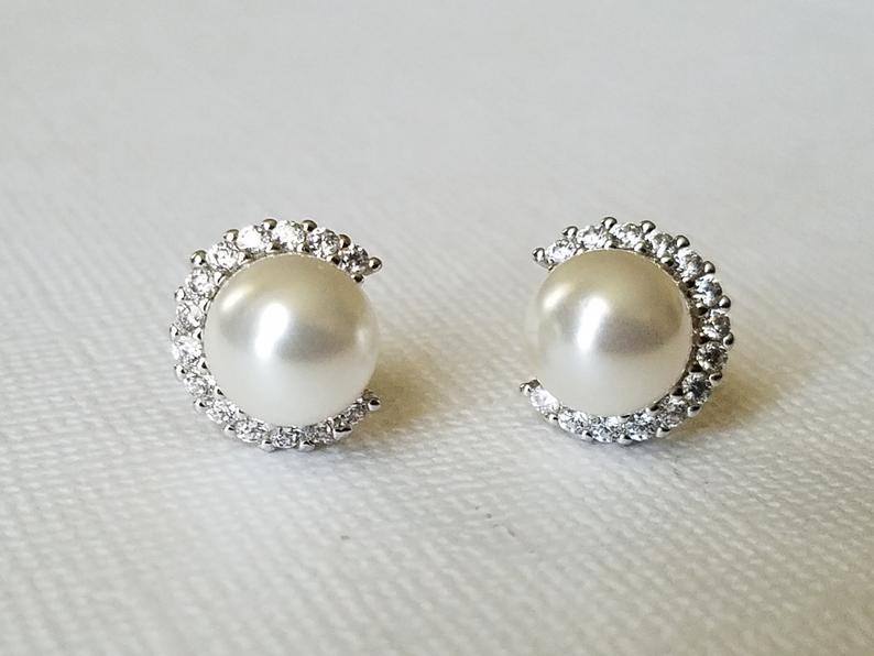 Wedding - White Pearl Stud Earrings, Swarovski Pearl CZ Earrings, Bridal Pearl Silver Earring Studs, Wedding Pearl Bridal Jewelry, Dainty Pearl Studs