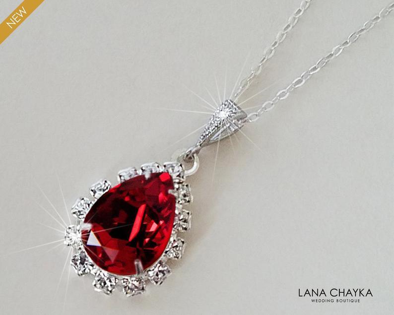 Свадьба - Red Crystal Halo Necklace, Swarovski Siam Red Silver Pendant, Wedding Red Teardrop Necklace, Dark Red Crystal Jewelry, Bridal Red Necklace