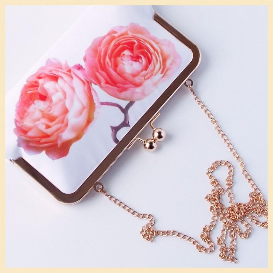 زفاف - peach floral clutch bag, coral purse for summer wedding, roses print bag with chain, botanical gift for her