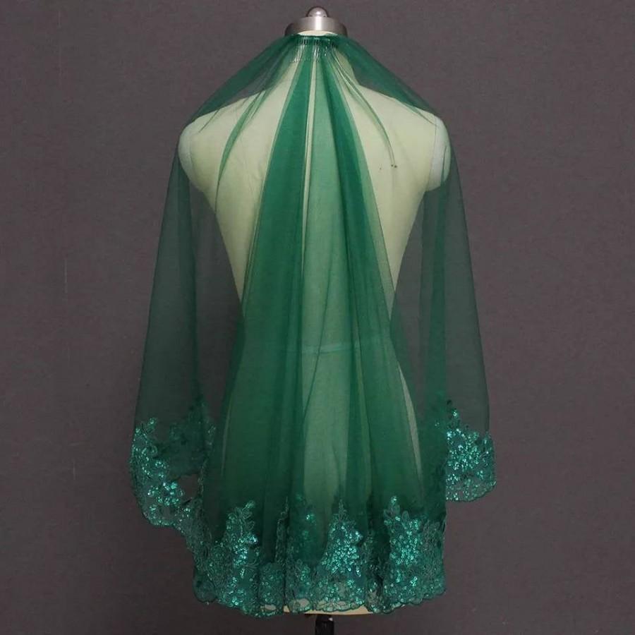 زفاف - Emerald Green Bridal Veil with Embroidery & Sequins-Brides Green Veil-Veils- Brides Veil- Wedding Veil-Elbow Wedding veil-Tulle Wedding Veil