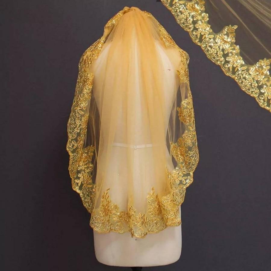 Свадьба - Gold Bridal Veil with Embroidery & Sequins-Gold Brides Veil-Veils-Tulle Brides Veil-Gold Wedding Veil-Elbow Wedding veil-Tulle Wedding Veil