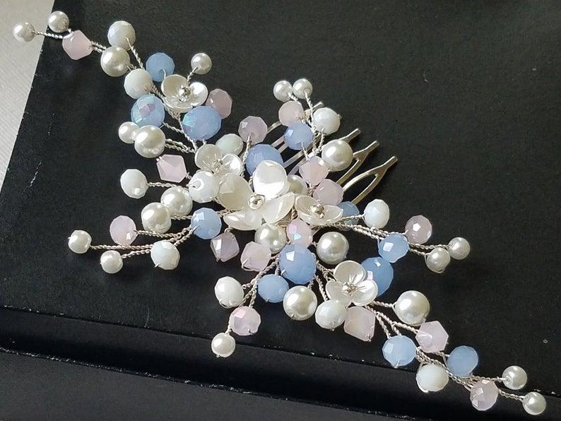 Свадьба - Blue Pink Bridal Hair Comb, Wedding Blush Blue Pink Hair Piece, Bridal Pearl Crystal Silver Headpiece, Wedding Light Blue Pink Hair Jewelry