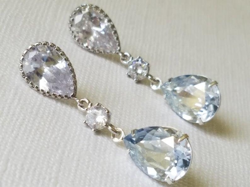 Wedding - Dusty Blue Crystal Earrings, Blue Teardrop Earrings, Swarovski Blue Shade Silver Earrings, Pastel Blue Wedding Bridal Jewelry Dangle Earring