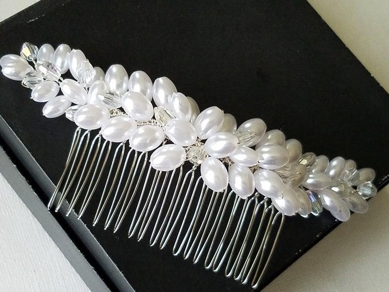 Wedding - Bridal Pearl Hair Comb, Pearl Crystal Hair Piece, White Pearl Headpiece, Wedding Hair Comb, Bridal Hair Jewelry White Pearl Silver Hairpiece
