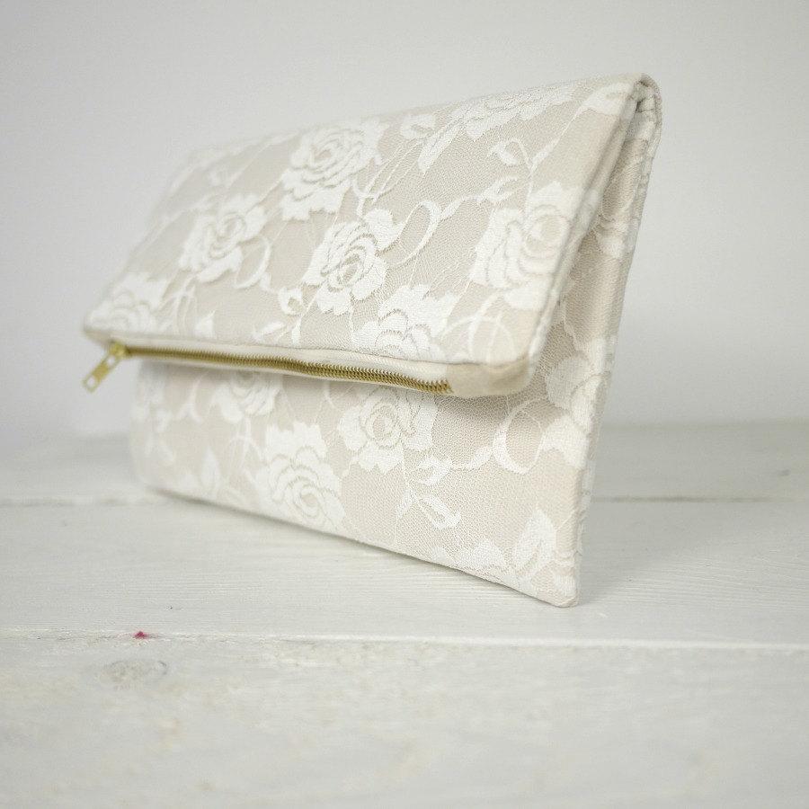 Wedding - Ivory rose lace clutch, fold over lace clutch 