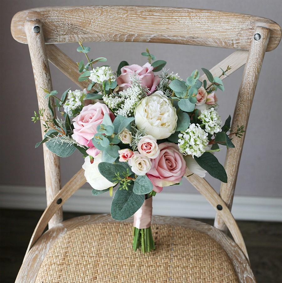 Hochzeit - Artificial Blush Pink Peony & Rose Bridal Bouquet, Greenery Wedding Bouquet, Wedding Flowers Silk Bouquet Bride Silk Flowers Artificial Faux
