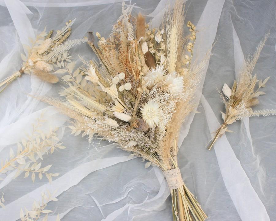 Hochzeit - Pampas Grass boutonniere / Natural Real Dried flowers bouquet / Muted earthy tone Preserved Flowers Prairie Bouquet / Forever Bridal bouquet