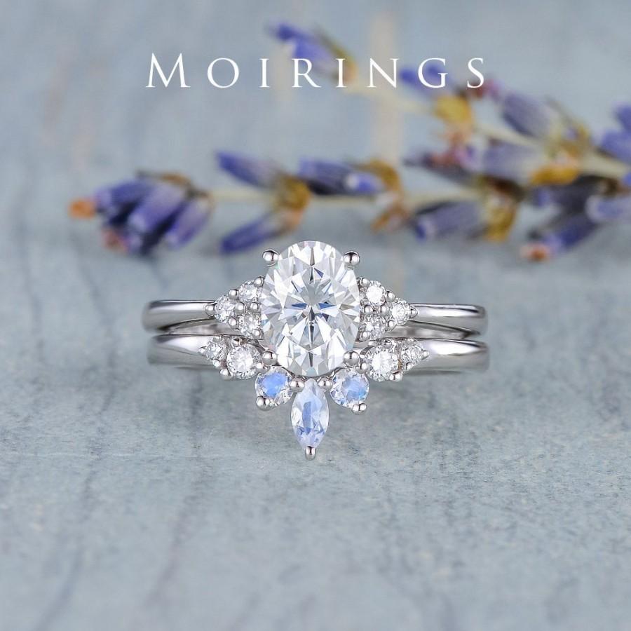 Свадьба - Moissanite Engagement Ring Set White Gold Vintage Unique Cluster Minimalist Ring For Women Anniversary Promise Ring Bridal Ring Set 2PCS