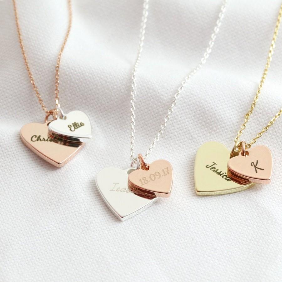 Wedding - Personalised Double Wide Heart Charm Necklace - Silver - Gold - Rose Gold - Engraved