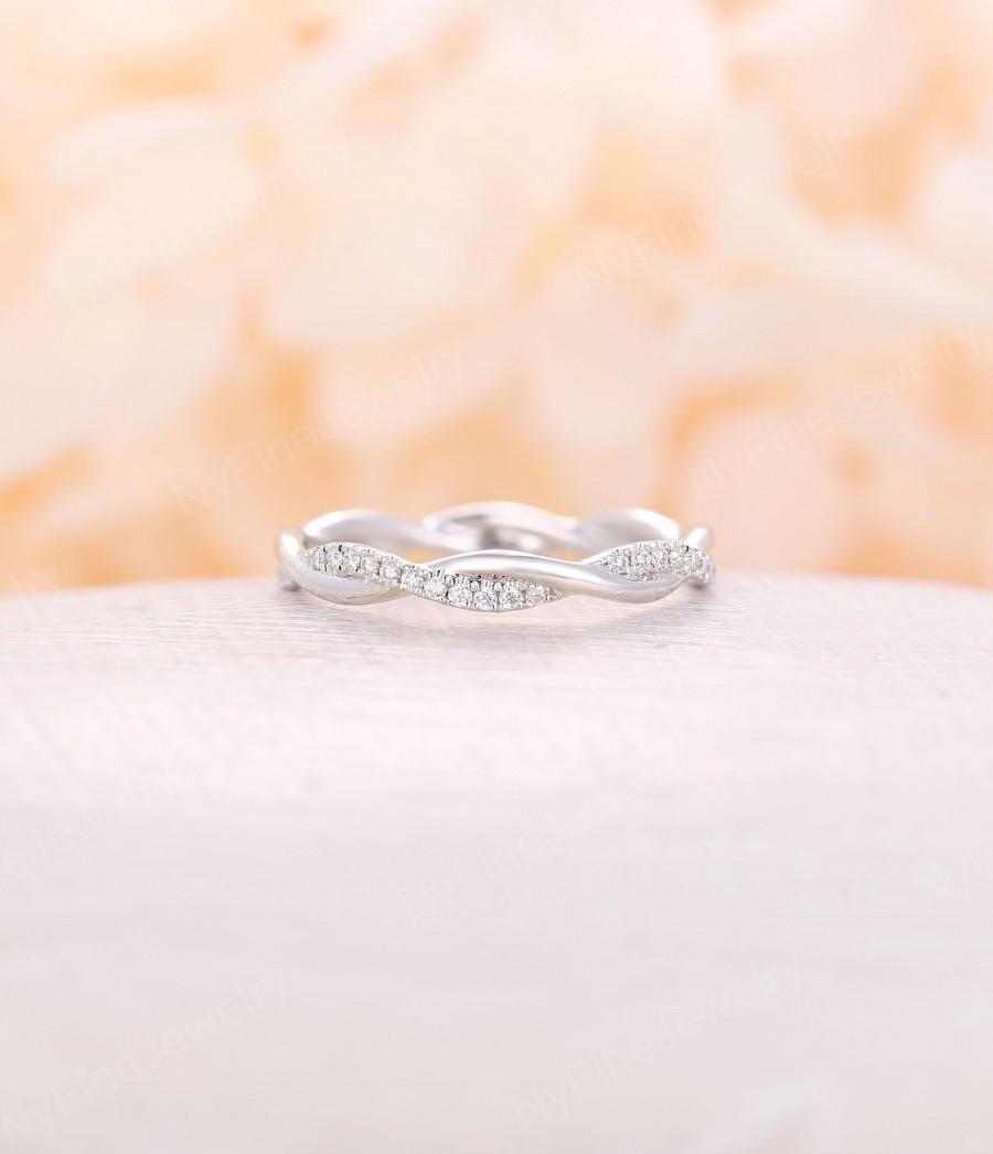 Wedding - Infinity wedding band  white gold moissanite Eternity band Twisted Delicate Unique Twining Micro Pave Bridal Dainty Stacking Promise