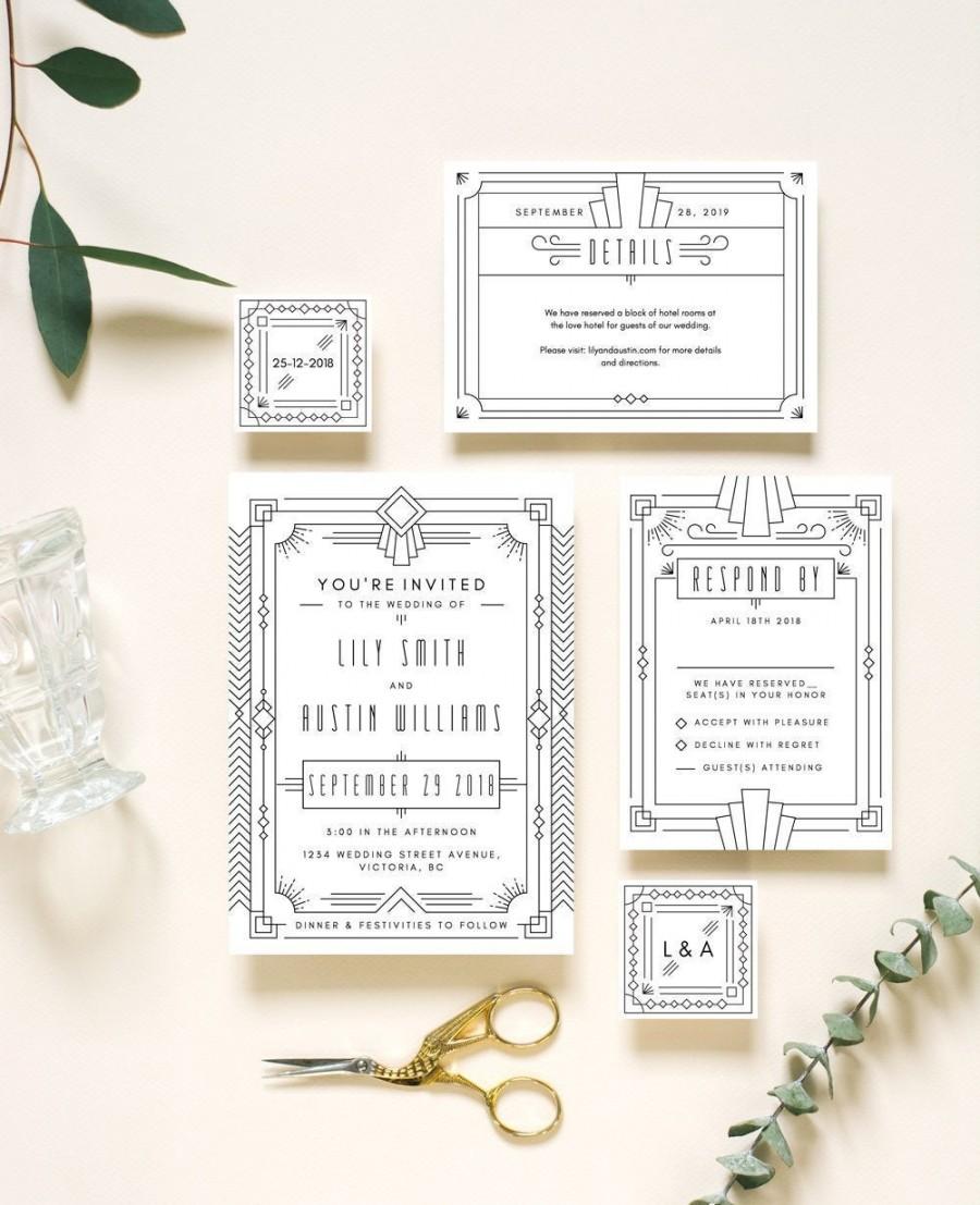 Hochzeit - Art Deco Wedding Invitation - Wedding Invitation Template - Art Deco - Great Gatsby - Simple Wedding Invitation - Gold - Invitation Suite