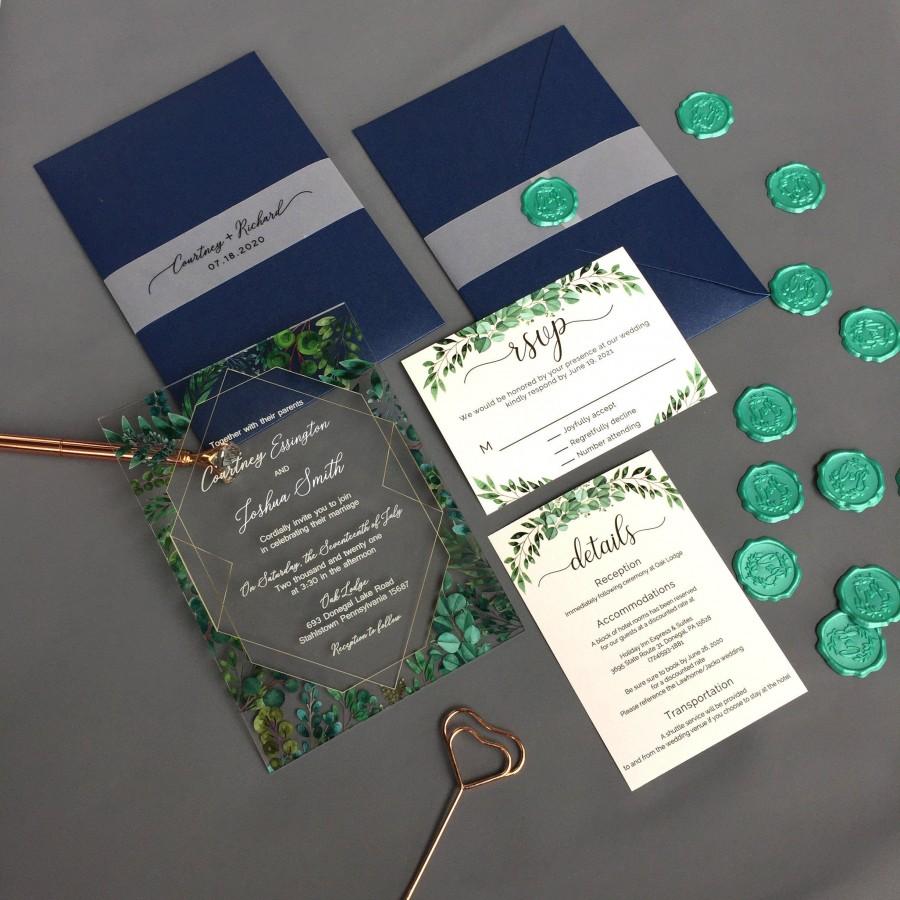 Свадьба - Custom Acrylic Wedding Invitation, Acrylic Invites,Acrylic Invitation, Transparent Invitation, Eucalyptus  Design Invitation, White Invites