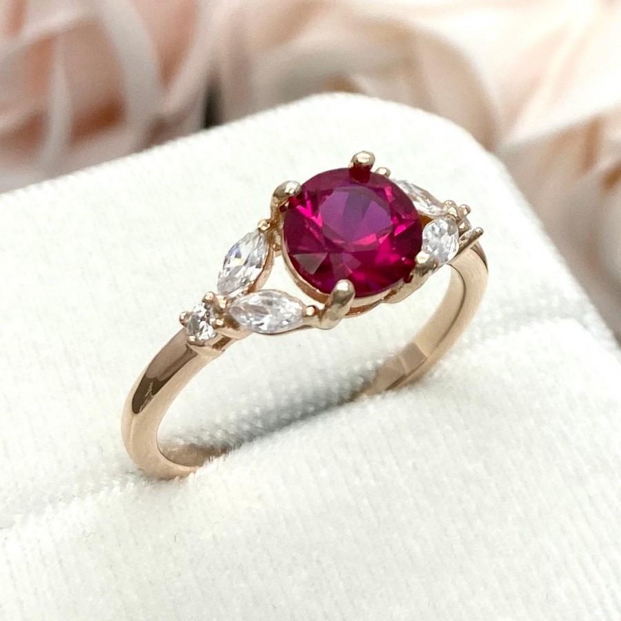 Hochzeit - Rose Gold Round Lab Ruby Ring Marquise And Round Simulated Diamond Leaf Ring Art Deco Sterling Silver Promise Engagement Wedding