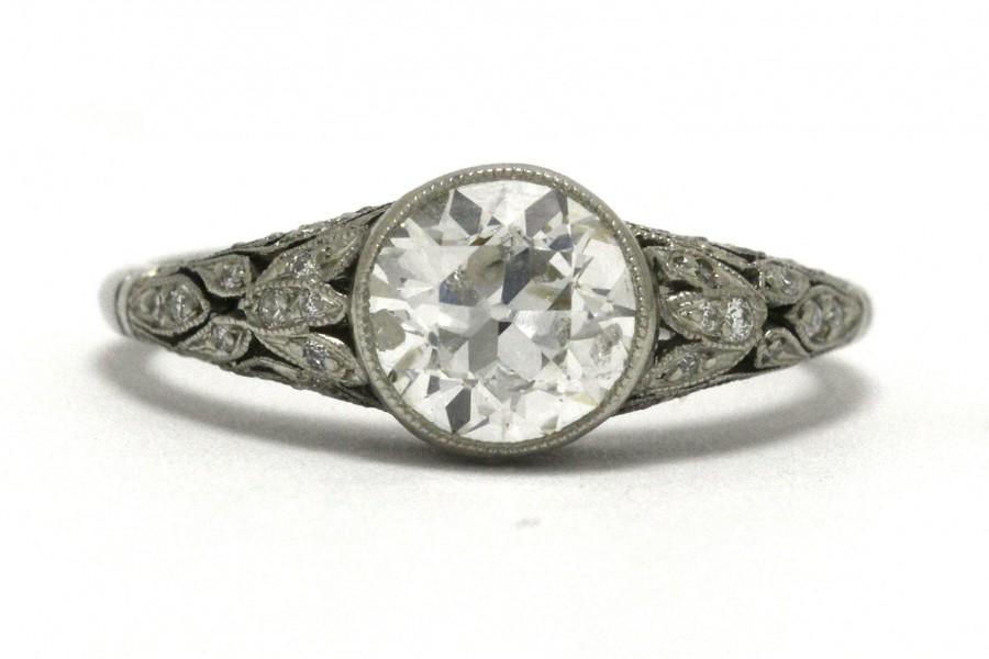 Hochzeit - Art Nouveau Antique Old Mine Diamond Engagement Ring 1 1/2 Carat Filigree Solitaire Leaves Engraving Leaf Accents Platinum Design