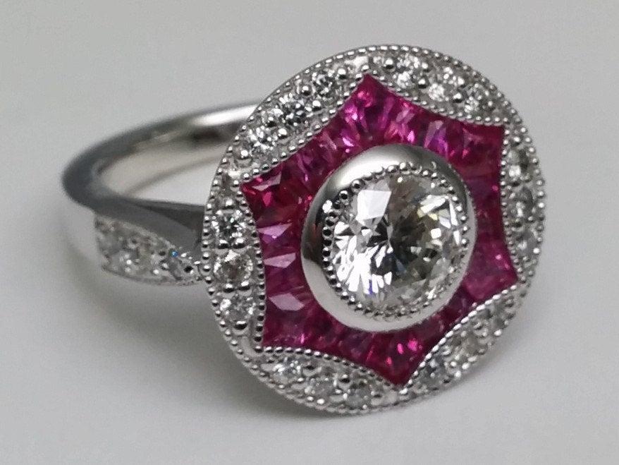 زفاف - Moissanite  Engagement Ring Pink Sapphire & Diamond Halo, 14k White Gold