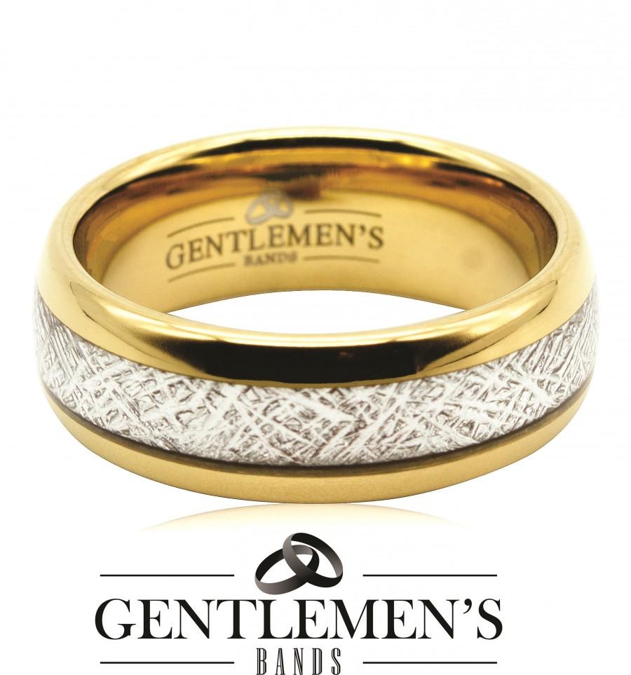 Wedding - Gold Meteorite Ring, Mens Wedding Band, Tungsten Ring, Unique Yellow Gold Ring Tungsten Wedding Band Mens Ring Meteorite Wedding Bands Women