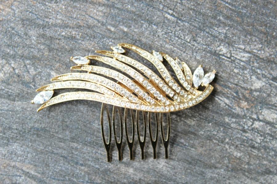 زفاف - Gold Hair Comb, Gold Crystal Bridal Hair Comb,Swarovski Crystal Gilded Wedding Hair Comb ,Diamante Hair Comb, Gilded Wings of a Feather Comb