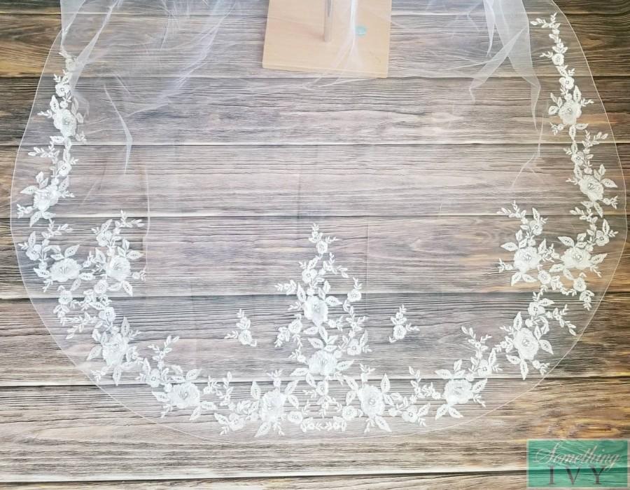 Hochzeit - 108" - Cathedral - 3D Flowers - Unbeaded Cathedral Wedding Veil  - Long Lace Veils - Lace Cathedral Veil- Veils With Lace