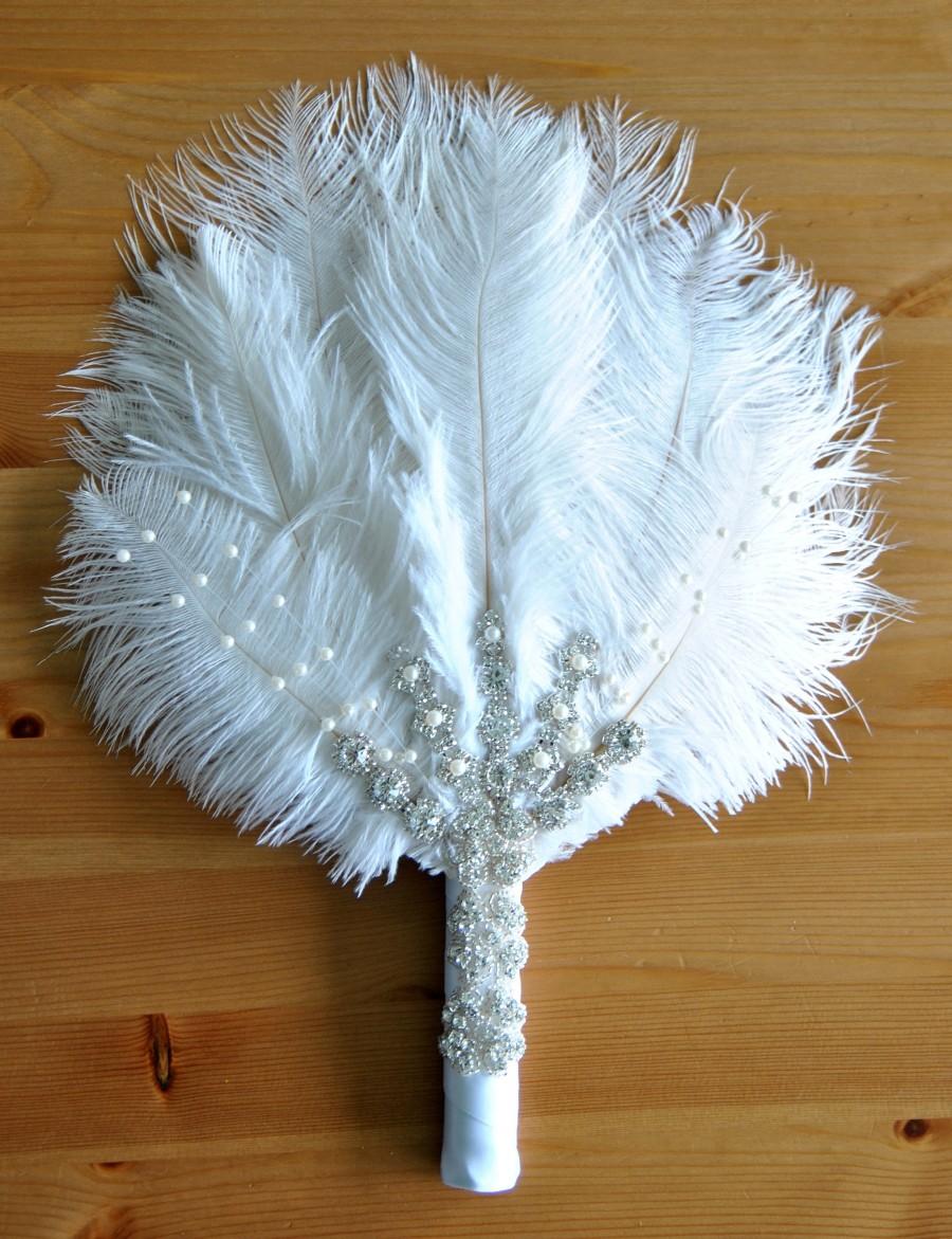 Wedding - Bridal alternative Ostrich Feather Fan Bridal Bouquet Great Gatsby 1920s Bouquet chic art deco boho wedding groom feathers boutonniere