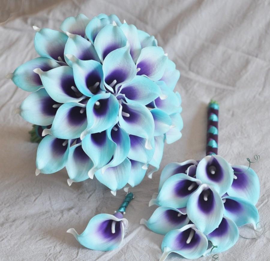 Mariage - Wedding Bouquet Purple Turquoise Blue Picasso Calla Lily Bridal Bouquet Bridesmaid Bouquet Groom Groomsman Boutounniere wedding package