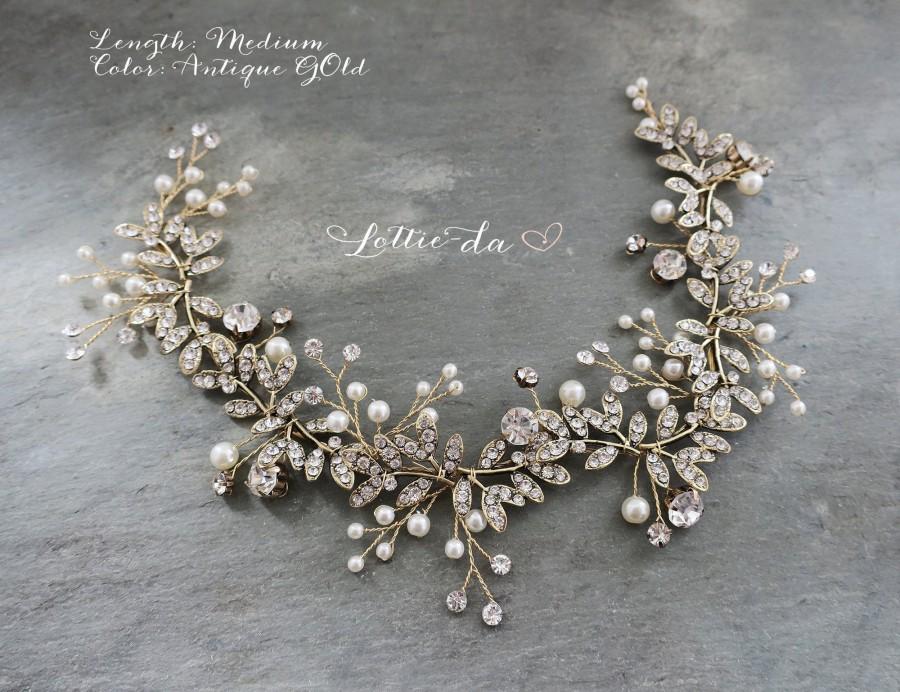 Hochzeit - Antique Gold or Silver Boho Beaded Wedding Hair Vine Halo, Bridal Hair Halo Accessory "Lyra"