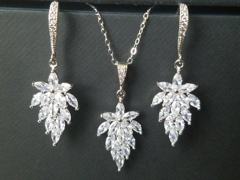 زفاف - Crystal Leaf Jewelry Set, Wedding Cluster Leaf Silver Set, Bridal Earrings&Necklace Jewelry Set, Bridesmaids Jewelry, Floral Bridal Jewelry