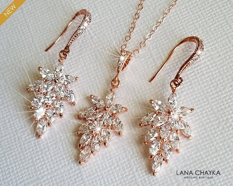 Wedding - Rose Gold Cubic Zirconia Jewelry Set, Cluster Leaf Crystal Earrings&Necklace Set, Floral Crystal Bridal Jewelry, Rose Gold Wedding Jewelry