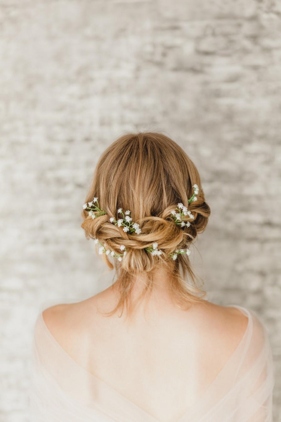 زفاف - Babys Breath Hair Pins Set 10 for Bridal, White Flower Bobby Pins for Bridesmaid Hair, Floral Headpiece with Gypsophila for Rustic Wedding