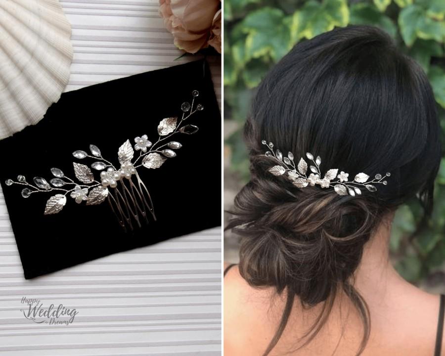 زفاف - Bohemian wedding hair comb, Silver leaves bridal hair comb, Floral Bridal hair piece, Wedding headpiece PG0006