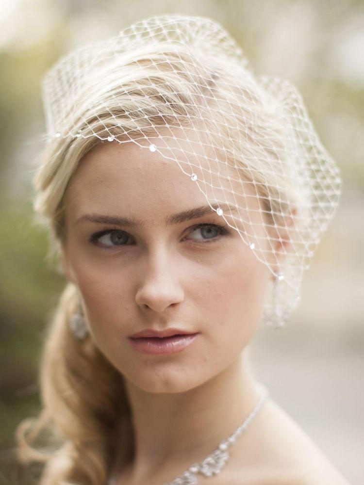 Wedding - French Net Bridal Birdcage Visor Veil with Swarovski Rhinestone Crystals