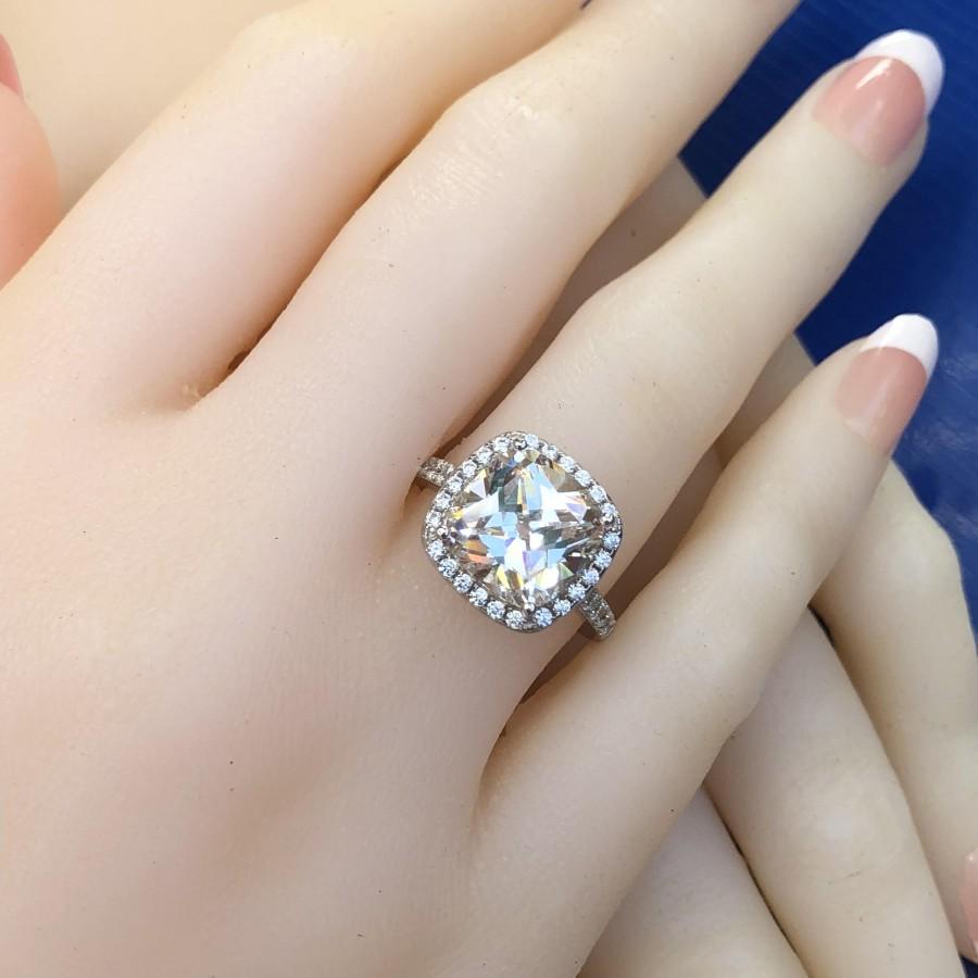 زفاف - 5ct Cushion cut simulated diamond engagement Ring, unique engagement ring, Halo Ring, Sterling Silver, rings for women, wedding ring