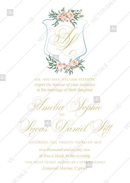 Wedding - Monogram pink peony bohemian wedding invitation set PDF 5x7 in