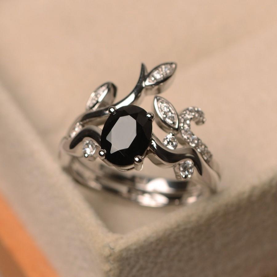 Wedding - Black spinel ring, oval cut, ring set, black engagement ring