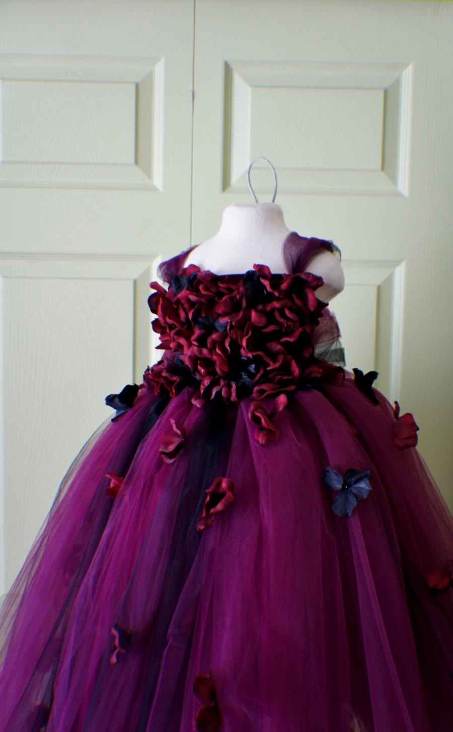 زفاف - Flower girl dress Marsala Red Dress, Wine red tutu dress, flower top, hydrangea top, toddler tutu dress Cascading flowers