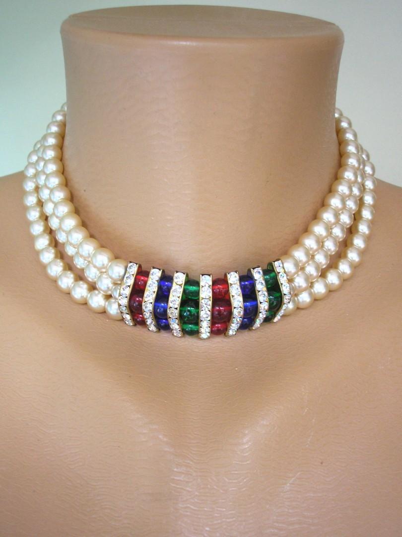 زفاف - Vintage 1980s 3 Strand Pearl Necklace And Earrings Set