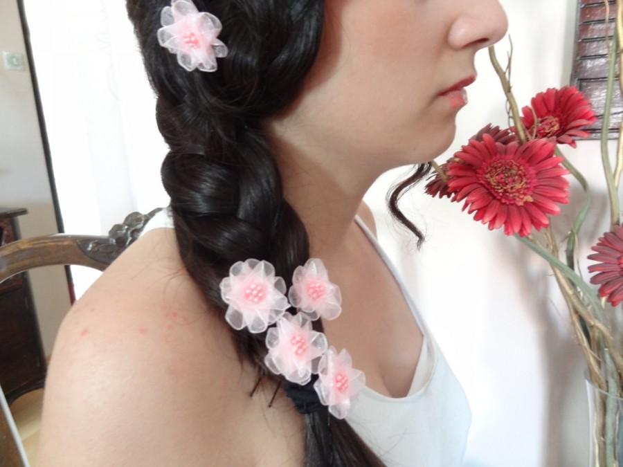 زفاف - Candy Pink Flower Wedding Hair Pins, Bridal Hair Pins, Flower Girl Hair Accessories, Organza Hair Pins, Beach Wedding, Woodland - Set of 5