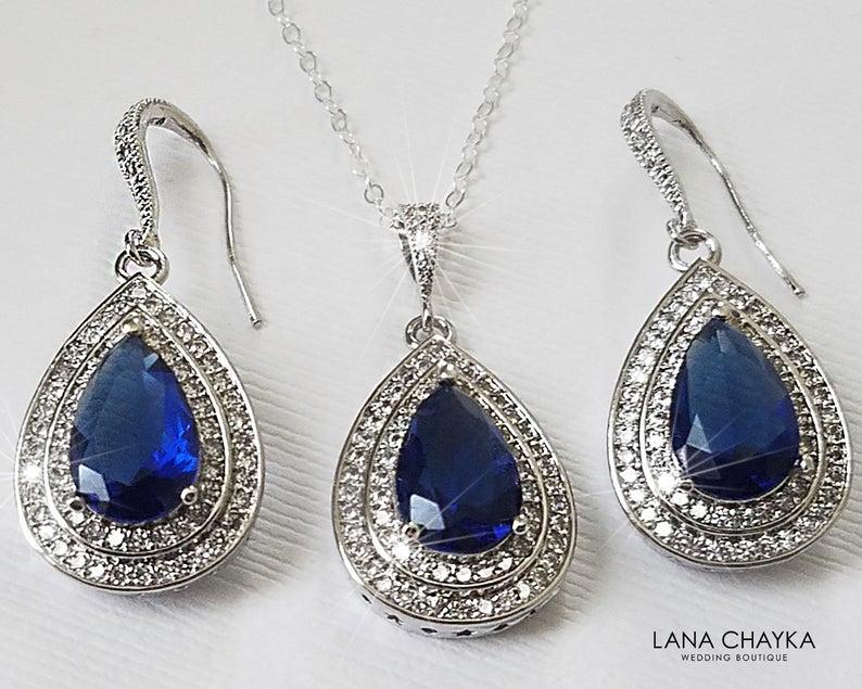 زفاف - Blue Crystal Jewelry Set, Navy Blue Halo Jewelry Set, Wedding Jewelry, Bridal Navy Blue Jewelry, Dark Blue Earring&Necklace Set Prom Jewelry
