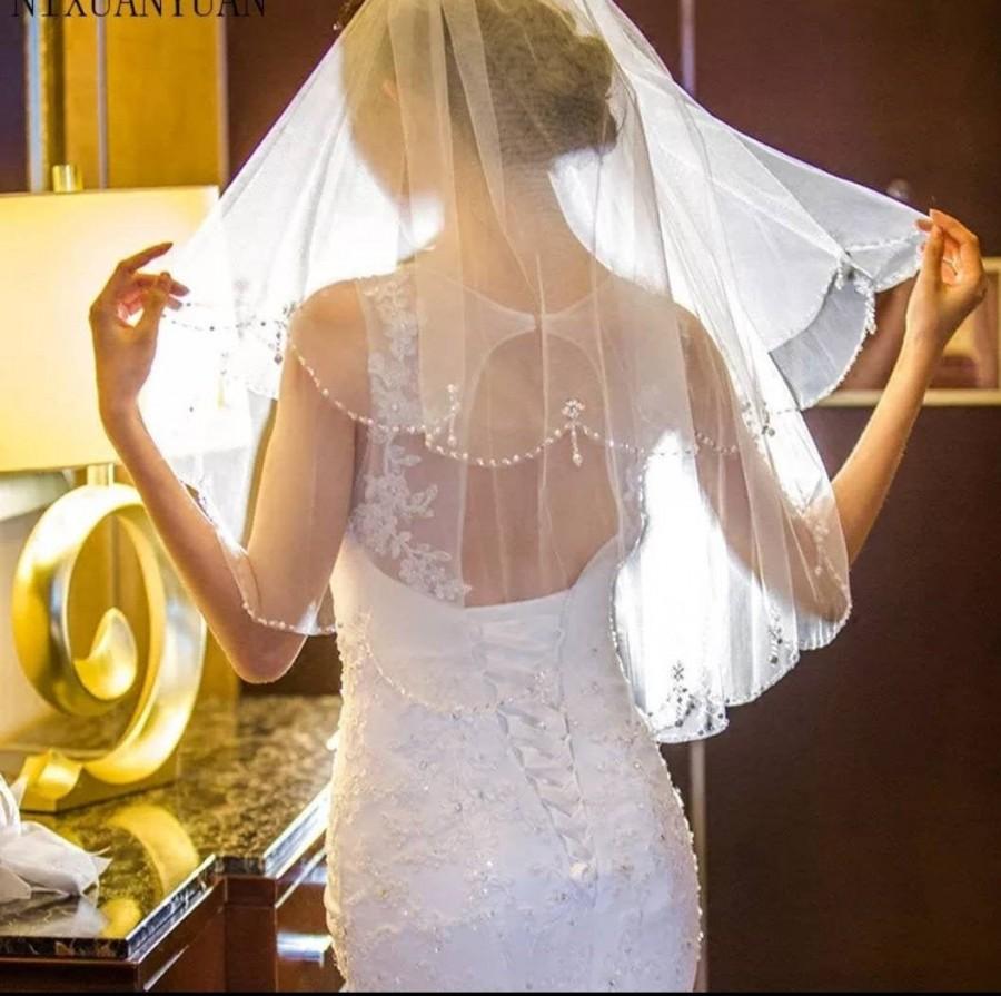 زفاف - White /Ivory Bridal Veil Elbow length  beaded veil, simple bridal veil, short veil with sequin beaded edge